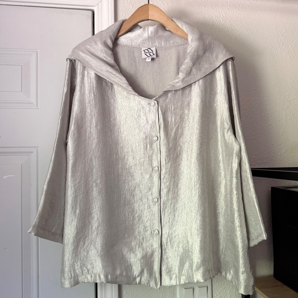 M SQUARE silver glitter metallic lagenlook sailor collar boxy shirt blouse top